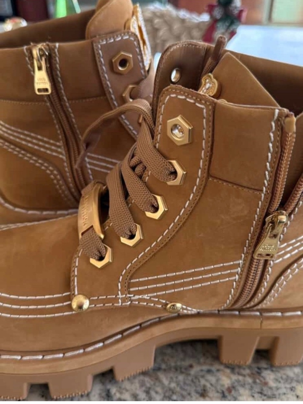 Louis Vuitton Tan Lace-Up Pearl-Trim Combat Boots - Picture 5 of 10